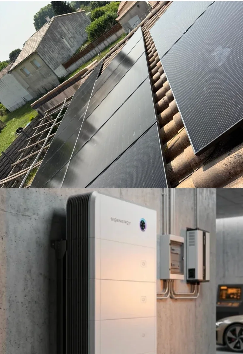 En haut, panneaux photovoltaïques posés sur une toiture tuiles ; en bas, batterie de stockage murale installée dans un garage